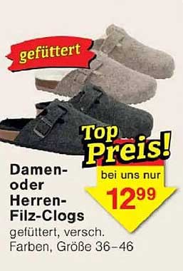 Damen- oder Herren-Filz-Clogs - gefüttert, verschiedene Farben und Größen 36-46