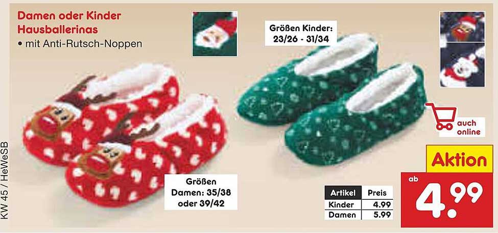 Damen oder Kinder Hausballerinas mit Anti-Rutsch-Noppen