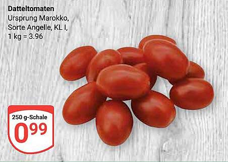 Datteltomaten 250 g-Schale - Ursprung Marokko, Sorte Angelle, KL I