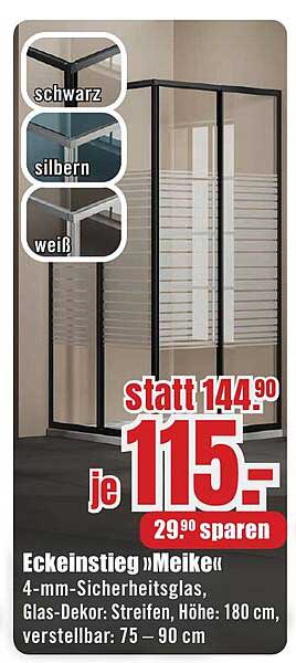 Eckeinstieg »Meike« 4-mm-Sicherheitsglas, Glass-Dekor: Streifen, Höhe: 180 cm, verstellbar: 75 – 90 cm