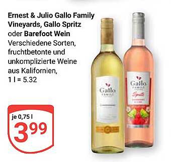 Ernest & Julio Gallo Family Vineyards, Gallo Spritz oder Barefoot Wein - 0,75 l für 3,99 €
