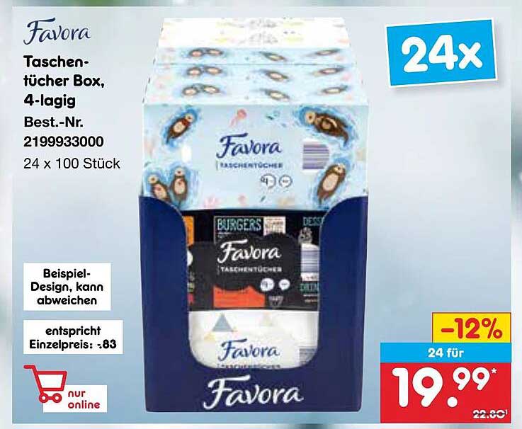 Favora Taschentücher Box, 4-lagig 24 x 100 Stück