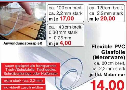 Flexible PVC Glasfolie (Meterware) - je lfd. Meter nur 14,00 €