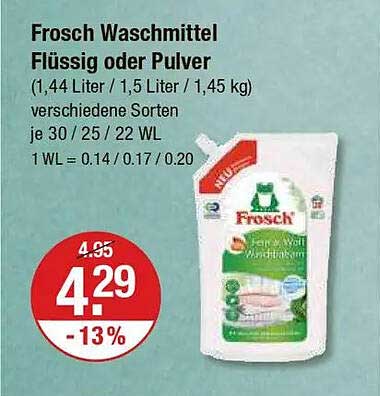 Frosch Waschmittel Flüssig oder Pulver (1,44 Liter / 1,5 Liter / 1,45 kg) verschiedene Sorten