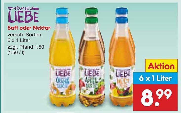FRUCHT LIEBE Saft oder Nektar, 6 x 1 Liter