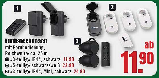 Funksteckdosen mit Fernbedienung, Reichweite: ca. 25 m