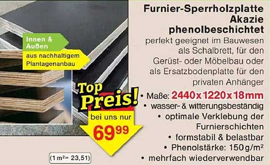 Furnier-Sperrholzplatte Akazie phenolbeschichtet