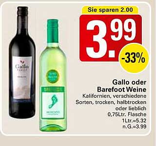 Gallo oder Barefoot Weine, 0,75L Flasche