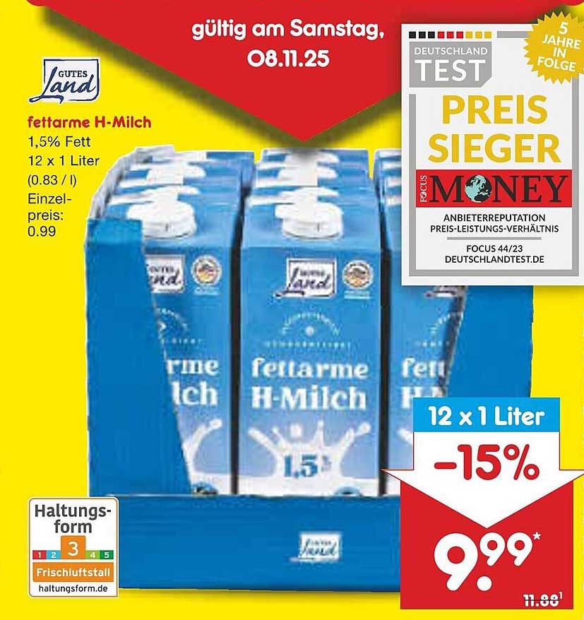 Gutes Land fettarme H-Milch 1,5% Fett, 12 x 1 Liter