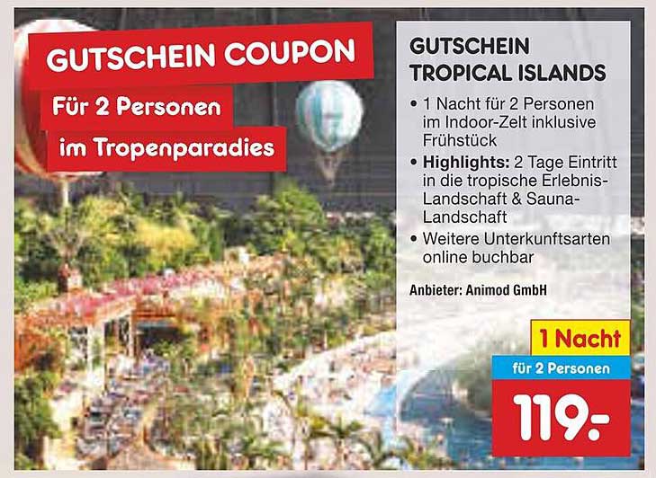 Gutschein Tropical Islands für 2 Personen im Tropenparadies