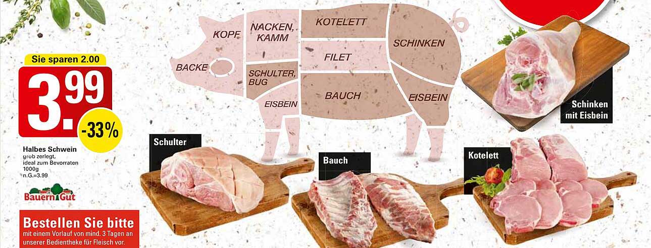 Halbes Schwein grob zerlegt, ideal zum Bevoraten