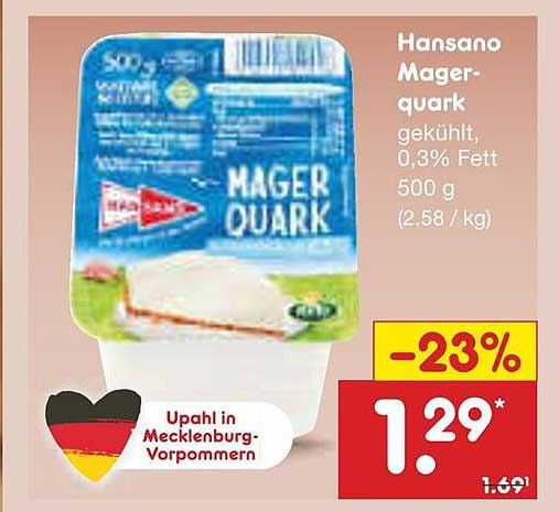 Hansano Magerquark, gekühlt, 0,3% Fett, 500 g