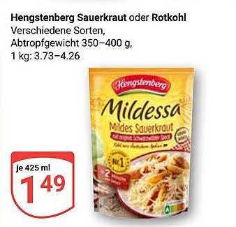 Hengstenberg Mildessa Sauerkraut oder Rotkohl 425 ml - Nur 1,49 €