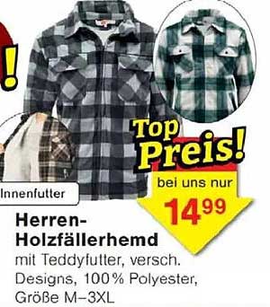 Herren-Holzfällerhemd mit Teddyfutter, verschiedenen Designs, 100% Polyester, Größe M–3XL