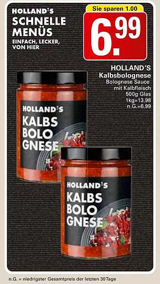 Holland's Kalbsbolognese Sauce mit Kalbfleisch - 500g Glas