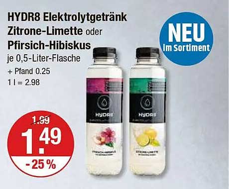 HYDR8 Elektrolytgetränk Zitrone-Limette oder Pfirsich-Hibiskus