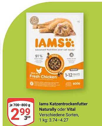 Iams Katzentrockenfutter Naturally oder Vital, 800 g