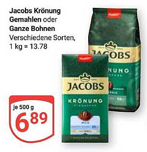 Jacobs Krönung Gemahlen oder Ganze Bohnen, 500 g