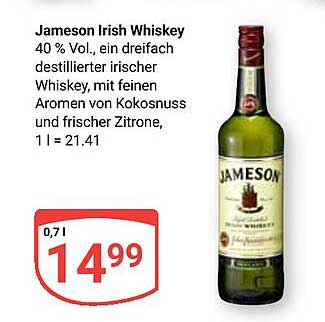 Jameson Irish Whiskey 0,7 l für 14,99 €