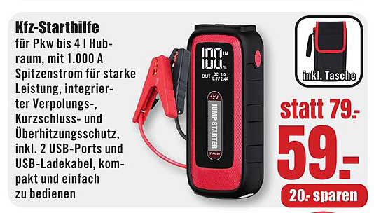 Kfz-Starthilfe für Pkw bis 4 l Hubraum mit 1.000 A Spitzenstrom