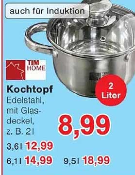Kochtopf Edelstahl mit Glasdeckel, 2 Liter von TIM HOME
