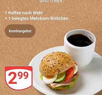 Kombinationsangebot: 1 Kaffee nach Wahl + 1 belegtes Mehrkorn-Brötchen