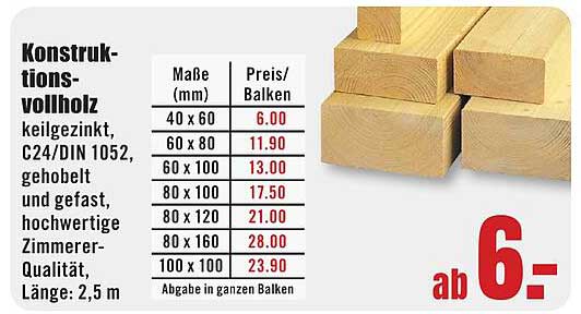Konstruktionsvollholz keilgezinkt, C24/DIN 1052 - ab 6,- €