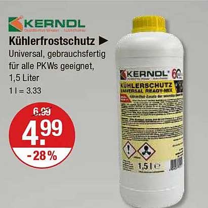 Kühlerfrostschutz von KERNDL – 1,5 Liter, universell für alle PKWs geeignet