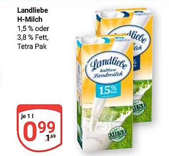 Landliebe H-Milch 1,5 % oder 3,8 % Fett, Tetra Pak
