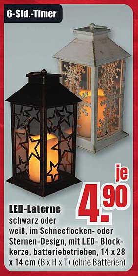 LED-Laterne schwarz oder weiß, im Schneeflocken- oder Sternen-Design, mit LED-Blockkerze, batteriebetrieben, 14 x 28 x 14 cm (B x H x T) (ohne Batterien)