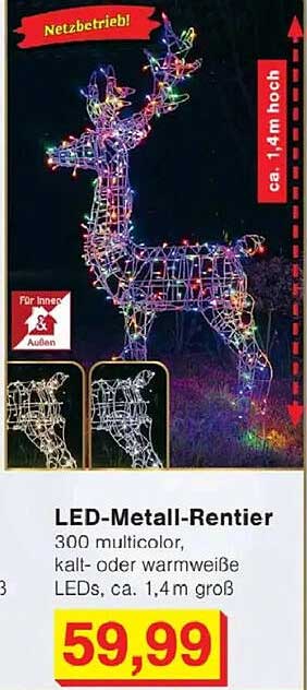 LED-Metall-Rentier mit 300 multicolor LEDs, ca. 1,4 m hoch