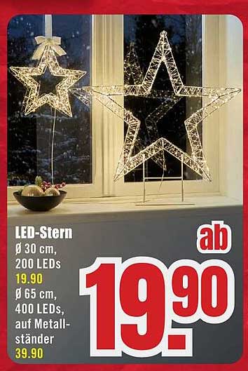 LED-Stern Ø 30 cm, 200 LEDs ab 19,90 € oder Ø 65 cm, 400 LEDs, auf Metallständer 39,90 €