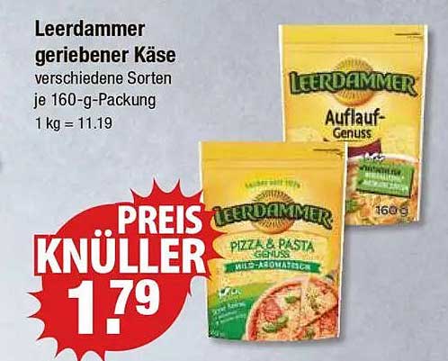 Leerdammer geriebener Käse verschiedene Sorten je 160-g-Packung