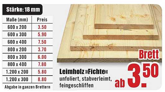 Leimholz 'Fichte' unfoliert, stabverleimt, feingeschliffen - ab 3,50 €