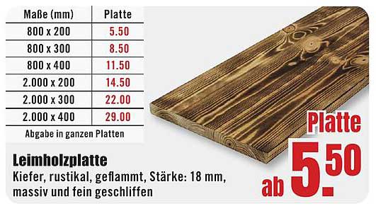 Leimholzplatte - Kiefer, rustikal, geflammt, Stärke: 18 mm