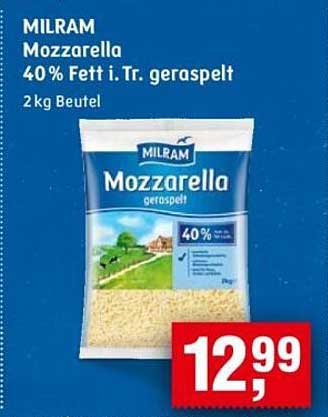 MILRAM Mozzarella 40% Fett i. Tr. geraspelt, 2 kg Beutel