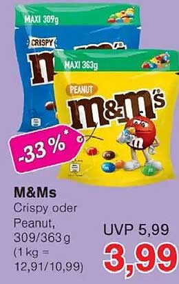M&Ms Crispy oder Peanut, 309/363 g