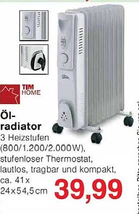 Ölradiator 3 Heizstufen (800/1.200/2.000W) von TIM HOME