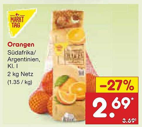 Orangen Südafrika/Argentinien, Kl. I, 2 kg Netz - Markt Tag