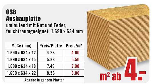 OSB Ausbauplatte umlaufend mit Nut und Feder, feuchtraumgeeignet, 1.690 x 634 mm
