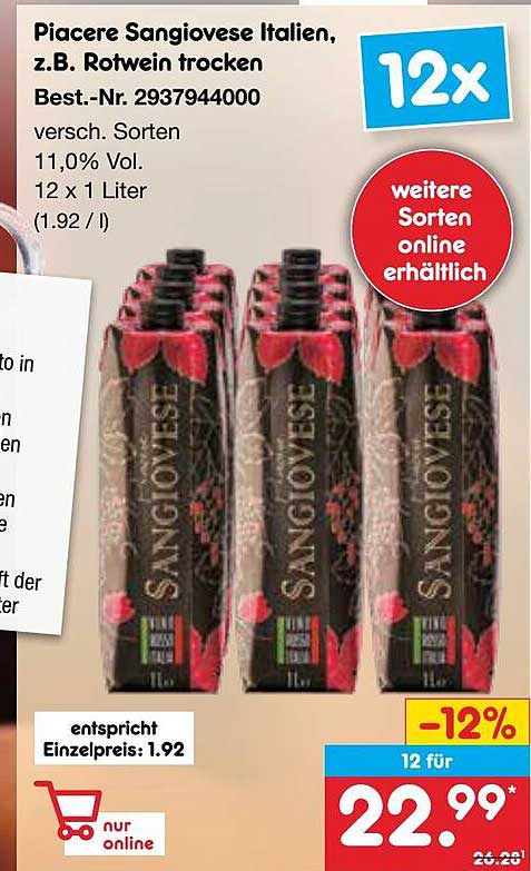 Piacere Sangiovese Italien, z.B. Rotwein trocken, 12 x 1 Liter