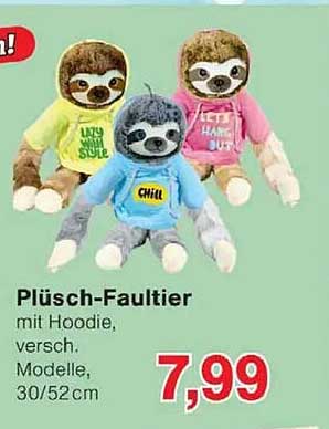 Plüsch-Faultier mit Hoodie, verschieden Modelle, 30/52cm