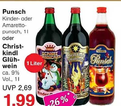 Punsch (Kinder- oder Amarettpunsch, 1 l) oder Christkindl Glühwein (1 l)