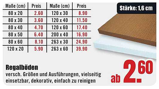 Regalböden in verschiedenen Größen und Ausführungen