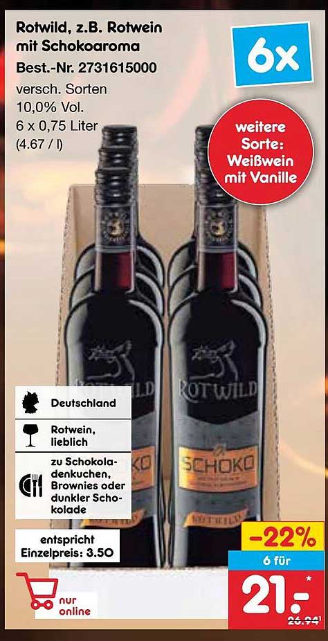 Rotwild, z.B. Rotwein mit Schokaaroma - 6x 0,75 Liter