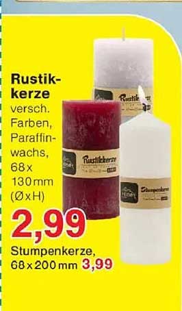 Rustikalkerze - Verschiedene Farben, Paraffinwachs, 68 x 130 mm