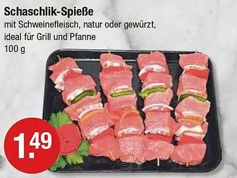Schaschlik-Spieße mit Schweinefleisch, natur oder gewürzt, ideal für Grill und Pfanne