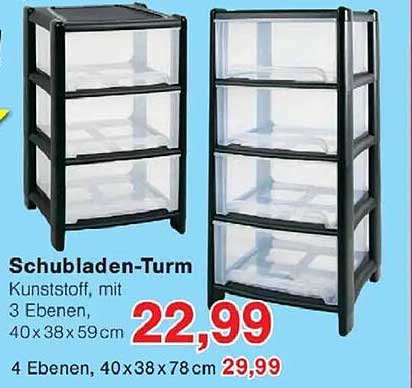 Schubladen-Turm aus Kunststoff mit 3 Ebenen, 40x38x59 cm