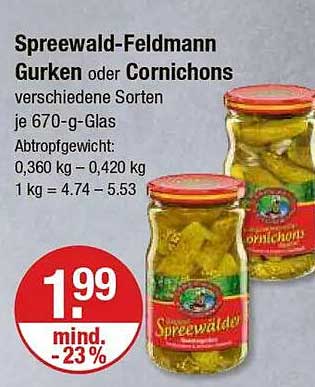 Spreewald-Feldmann Gurken oder Cornichons je 670-g-Glas