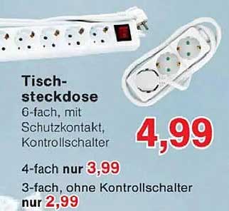 Tischsteckdose 6-fach mit Schutzkontakt und Kontrolschalter